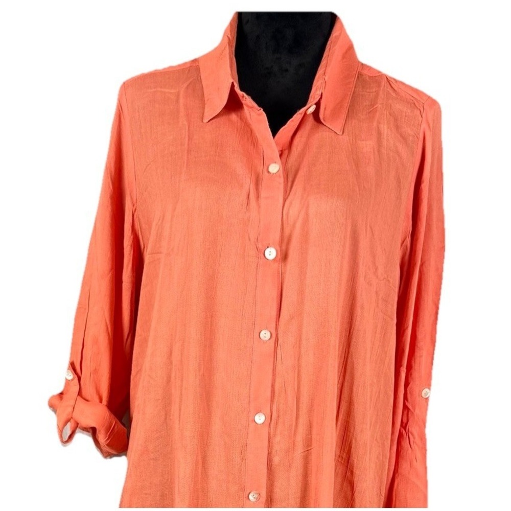 NWT Rhea Coral Oversized Tunic Top Button Down 100% Viscose Roll Tab Sleeve